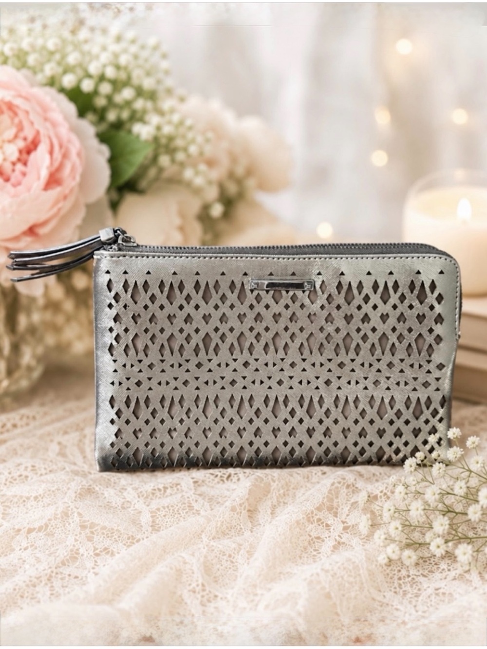 Stella & Dot Double Sided Silver Clutch Purse Cut Out Design